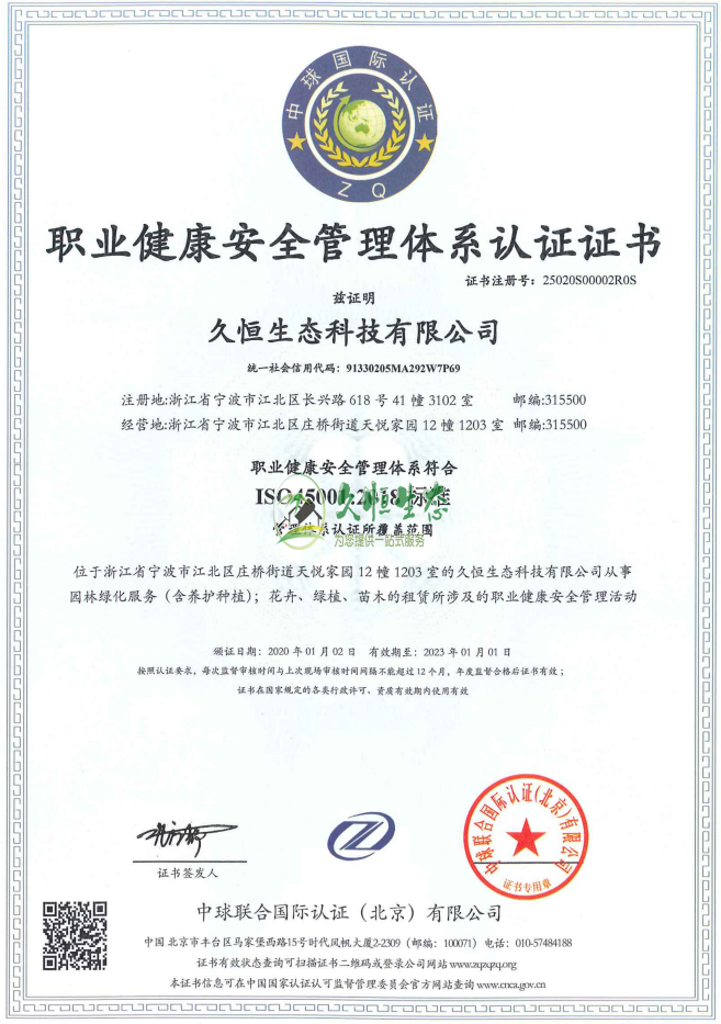 玄武职业健康安全管理体系ISO45001证书